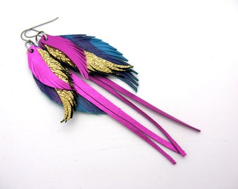 Small pink gold turquoise swallowtail, leather feather earrings with hypoallergenic titanium ear wires