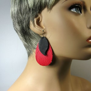 Large red and black earrings, large earrings, handmade leather earrings with hypoallergenic titanium ear hooks