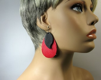 Large red black earrings, big earrings, handmade leather earrings with hypoallergenic titanium earwires