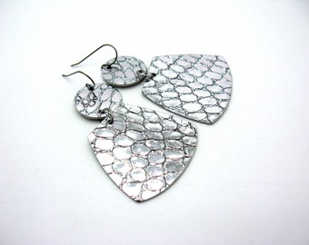 Silver glittering earrings, lightweight earrings, handmade leather earrings with hypoallergenic titanium earwires