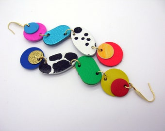 Large colorful ultra-light playful earrings, handmade from leather, hand-painted