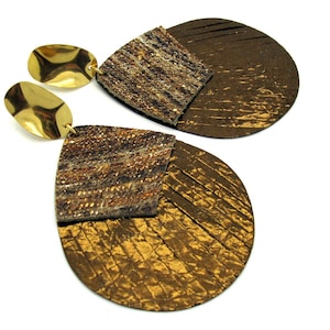 Large brown-bronze-copper-gold earrings, lightweight giant leather earrings, statement earrings, party earrings