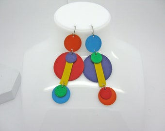 Large colorful ultralight playful earrings, circle earrings, handmade from leather, hypoallergenic titanium ear hooks