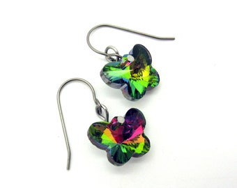 Small colorful butterfly earrings with hypoallergenic titanium earwires, cut glass, iridescent in many colors