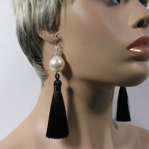 Giant fake pearl earrings or necklace, with black silky tassel, hypoallergenic titanium ear hooks, optional statement earrings or necklace