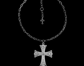 i𝔪𝔪𝔬𝔯𝔱𝔞𝔩༻ rhinestone cross necklace / stainless steel / goth grunge punk alt Y2K