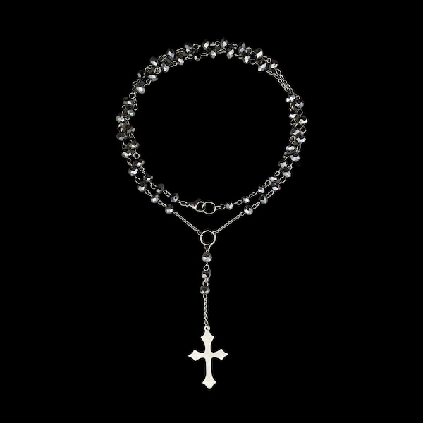 c𝔢𝔯𝔢𝔪𝔬𝔫𝔶༻ silver metallic glass bead gothic necklace stainless steel cross rosary / gothic choker / goth grunge y2k punk emo fairy