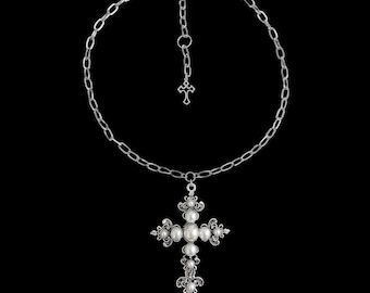 c𝔬𝔫𝔣𝔢𝔰𝔰𝔦𝔬𝔫༻ Gothic Pearl Cross Necklace / Stainless Steel / Y2K Goth Punk Grunge Alt