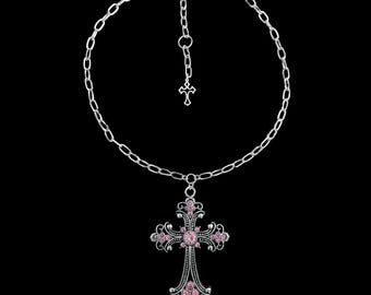 w𝔬𝔯𝔰𝔥𝔦𝔭 𝔪𝔢༻ Pink Rhinestone Gothic Cross Necklace / Stainless Steel / Y2K Goth Grunge Punk Alt