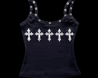 h𝔬𝔩𝔶༻ custom black ribbed cotton tank top w silver chrome cross Y2k goth 2000s rave grunge gothic cyber punk emo