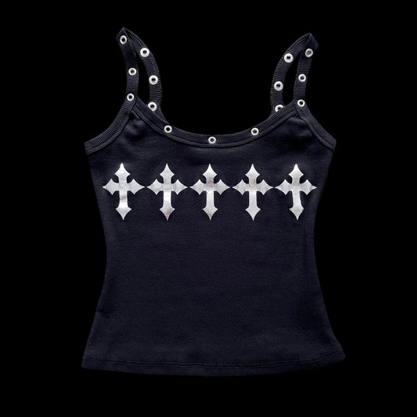 h𝔬𝔩𝔶༻ custom black ribbed cotton tank top w silver chrome cross Y2k goth 2000s rave grunge gothic cyber punk emo