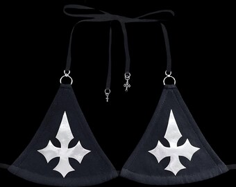 zwarte en zilverkleurige chroombikinitop met gekruiste bandjes / handgemaakt / gothic grungepunk Emo y2k alt