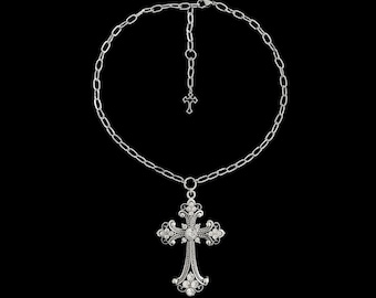 w𝔬𝔯𝔰𝔥𝔦𝔭 𝔪𝔢༻ silver rhinestone cross / stainless steel necklace / y2k 2000s grunge gothic fairy alt emo punk goth biker