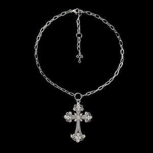 w𝔬𝔯𝔰𝔥𝔦𝔭 𝔪𝔢༻ stainless steel / large cross necklace / silver rhinestone pendant Victorian gothic fairy alt emo grunge punk