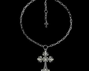 w𝔬𝔯𝔰𝔥𝔦𝔭 𝔪𝔢༻ stainless steel / large cross necklace / silver rhinestone pendant Victorian gothic fairy alt emo grunge punk