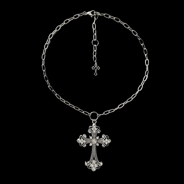 w𝔬𝔯𝔰𝔥𝔦𝔭 𝔪𝔢༻ stainless steel / large cross necklace / silver rhinestone pendant Victorian gothic fairy alt emo grunge punk