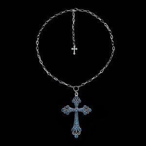 e𝔱𝔢𝔯𝔫𝔞𝔩 ༻ blue rhinestone cross stainless steel necklace / large gothic  cross pendant goth y2k punk grunge 90s 2000s alt emo fairy