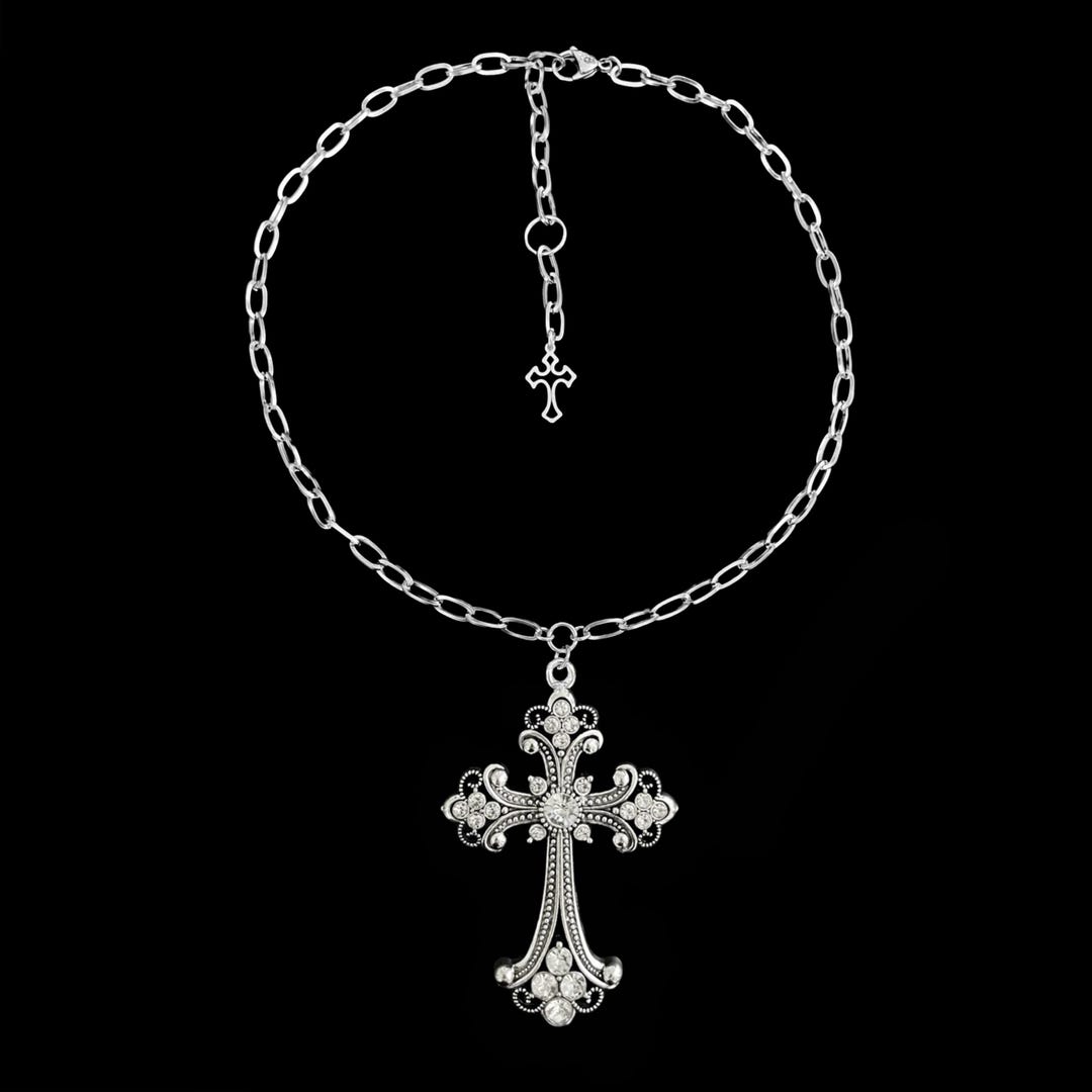 W𝔬𝔯𝔰𝔥𝔦𝔭 𝔪𝔢༻ Silver Rhinestone Gothic Cross Necklace / Stainless Steel ...