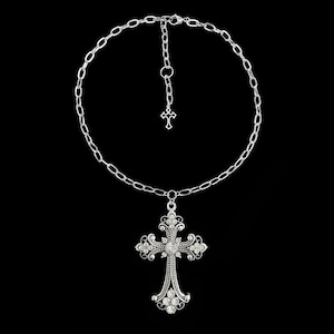 w𝔬𝔯𝔰𝔥𝔦𝔭 𝔪𝔢༻ Silver Rhinestone Gothic Cross Necklace / Stainless Steel / Y2K Goth Grunge Alt Punk