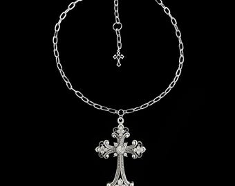 w𝔬𝔯𝔰𝔥𝔦𝔭 𝔪𝔢༻ Silver Rhinestone Gothic Cross Necklace / Stainless Steel / Y2K Goth Grunge Alt Punk