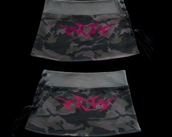 t𝔯𝔦𝔟𝔞𝔩 𝔱𝔞𝔱𝔱𝔬𝔬༻ handmade camo sweatfleece skirt w hot pink metallic tribal tattoo  / goth Y2k punk cyber grunge gothic rave 2000s
