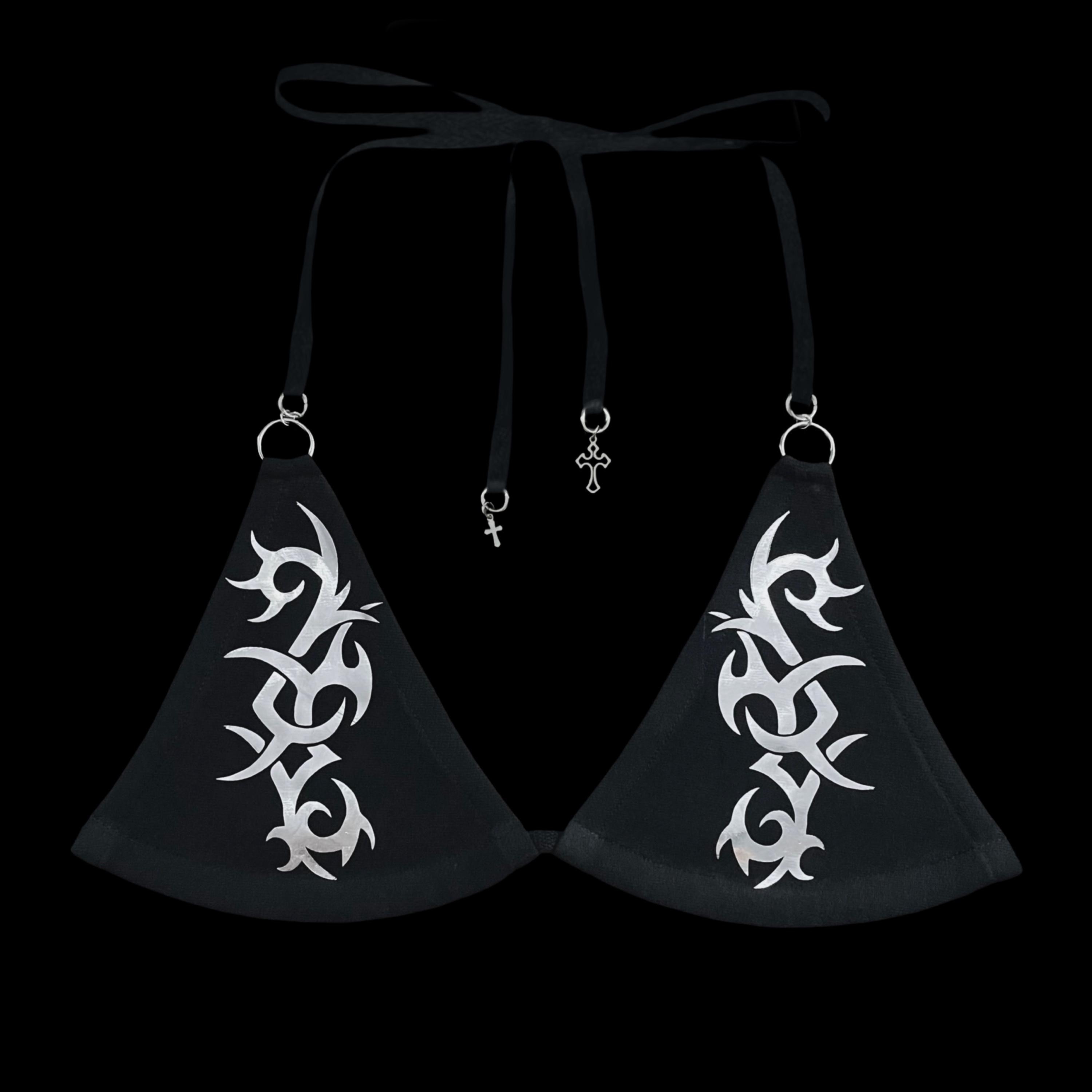 t𝔥𝔬𝔯𝔫༻ black / silver chrome thorn bikini top / handmade / goth grunge punk y2k alt