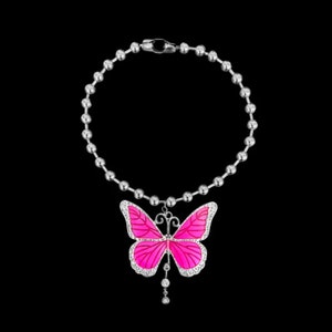 s𝔲𝔤𝔞𝔯 𝔟𝔞𝔟𝔶༻ stainless steel ball chain necklace w. hot pink big butterfly pendant y2k 2000s rave 90s fairy alt