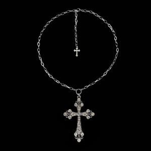e𝔱𝔢𝔯𝔫𝔞𝔩༻ silver rhinestone cross stainless steel necklace / large gothic cross pendant goth y2k punk grunge 90s 2000s alt emo cyber fairy