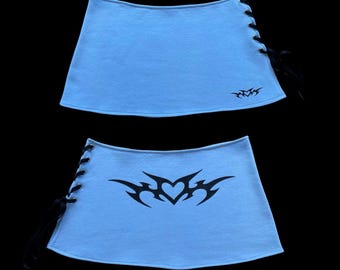 t𝔯𝔦𝔟𝔞𝔩 𝔱𝔞𝔱𝔱𝔬𝔬༻ handmade baby blue sweat fleece skirt w tribal tattoo / goth Y2k punk cyber grunge gothic rave 2000s