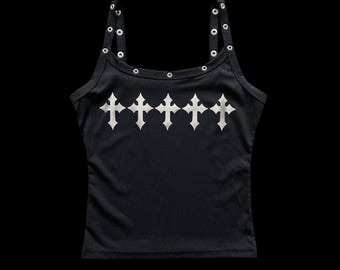 h𝔬𝔩𝔶༻ Silver Chrome Cross Tank  / Custom Ribbed Top / Y2K Goth Grunge Alt Y2K Punk