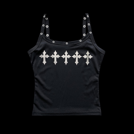 H𝔬𝔩𝔶༻ Silver Chrome Cross Tank / Custom Ribbed Top / Y2K Goth