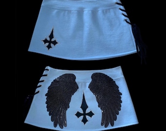 f𝔞𝔩𝔩𝔢𝔫 𝔞𝔫𝔤𝔢𝔩༻ blue sweat fleece Y2k angel wing mini skirt w unholy rhinestone cross / goth mini skirt grunge gothic cross 2000s