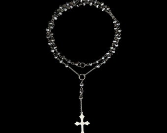c𝔢𝔯𝔢𝔪𝔬𝔫𝔶༻ Silver Glass Bead Rosary Necklace / Stainless Steel / Gothic Choker / Y2K Grunge Goth Punk