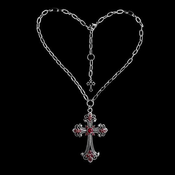 アクセサリー Alchemy Gothic E236 HAMMERCROSS W𝔬𝔯𝔰𝔥𝔦𝔭 𝔪𝔢༻ Red Rhinestone Gothic Cross Necklace