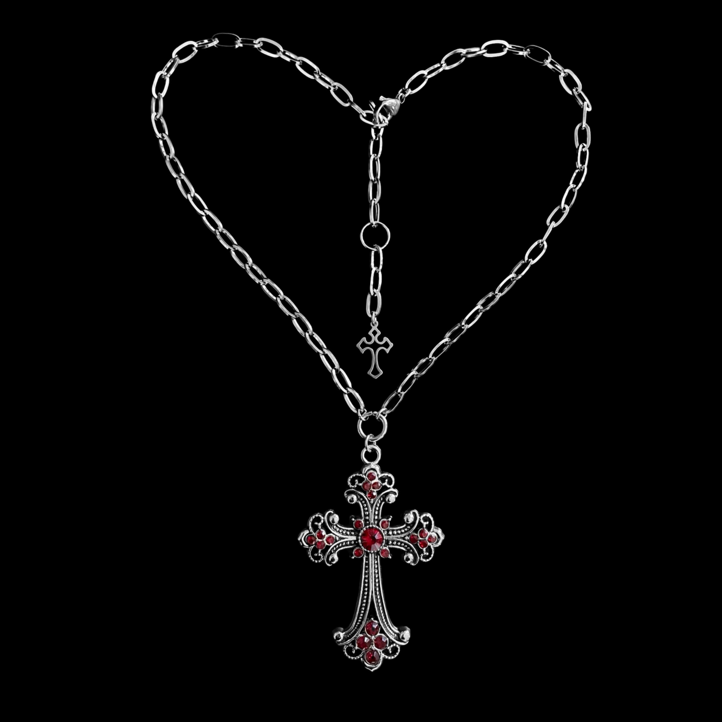 W𝔬𝔯𝔰𝔥𝔦𝔭 𝔪𝔢༻ Red Rhinestone Gothic Cross Necklace