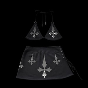 u𝖓𝖍𝖔𝖑𝖞༻ 2 pc set handmade black bikini top  low rise lace up micro mini skirt silver chrome cross y2k grunge alt goth punk cyber rave