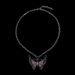 f𝔩𝔶༻ ʚɞ pink rhinestone butterfly wings stainless steel chain necklace / large pendant y2k bling 90s 2000s fairy alt grunge