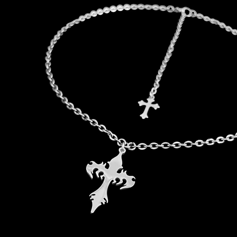 c𝔲𝔩𝔱༻ Silver Tribal Gothic Cross Necklace / Stainless Steel / Punk Y2K Goth Grunge Alt image 2