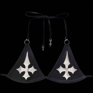 u𝖓𝖍𝖔𝖑𝖞༻ handmade black cross bikini top / silver metallic chrome / gothic cross goth punk emo grunge crucifix 2000s y2k alt Cyber rave