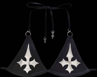 u𝖓𝖍𝖔𝖑𝖞༻ handmade black cross bikini top / silver metallic chrome / gothic cross goth punk emo grunge crucifix 2000s y2k alt Cyber rave
