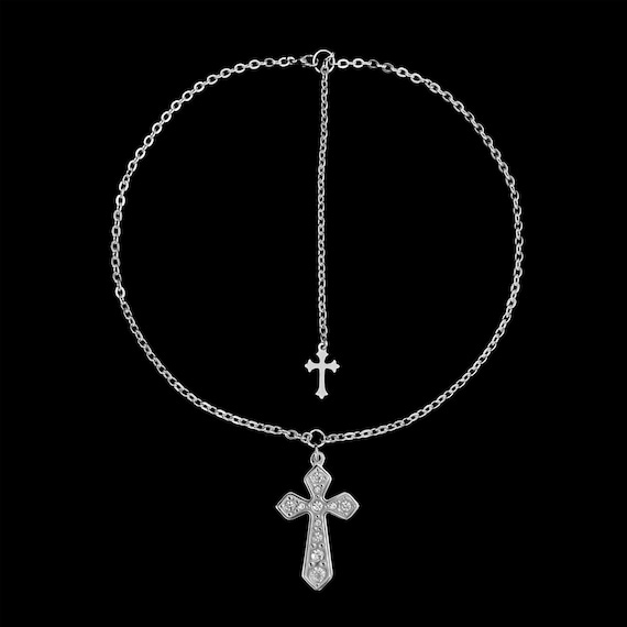 v𝔦𝔯𝔱𝔲𝔢༻ Silver Gothic Rhinestone Cross Necklace / Stainless Steel / Punk Y2K Goth Grunge Alt