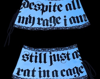 g𝔯𝔲𝔫𝔤𝔢 𝔤𝔬𝔡𝔡𝔢𝔰𝔰༻ Baby Blue Lace Trim Mini Skirt, Gothic Text Y2K Grunge Goth Alt Punk