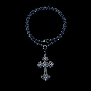 s𝔢𝔞𝔫𝔠𝔢༻ dark blue glass bead gothic large cross necklace gunmetal rhinestone cross  / rosary / gothic choker goth grunge y2k punk emo