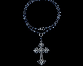 s𝔢𝔞𝔫𝔠𝔢༻ Gothic Rhinestone Cross Necklace / Glass Bead Rosary Choker / Y2K Goth Grunge Alt