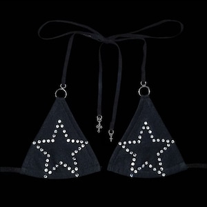 s𝔱𝔞𝔯༻ handmade 2000s bikini top with silver rhinestone star / punk emo rave girls y2k gothic emo cyber grunge alt Cyber