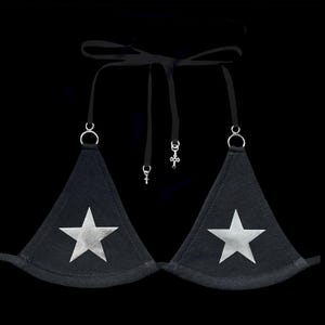 s𝔱𝔞𝔯༻ black bikini top with silver metallic reflective stars handmade y2k grunge 90s rave 2000s clubkid cyber punk alt