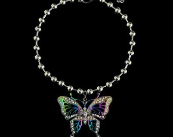 𝖍𝖆𝖗𝖒𝖔𝖓𝖞༻ stainless steel ball chain/ rainbow butterfly w. rhinestones / y2k 2000s rave aesthetic 90s cute alt clubkid gift