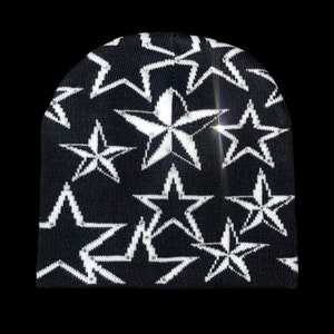 s𝔱𝔞𝔯 𝔯𝔥𝔦𝔫𝔢𝔰𝔱𝔬𝔫𝔢 𝔟𝔢𝔞𝔫𝔦𝔢༻ custom black and white y2k star print rhinestone hat beanie alt goth accessories grunge emo punk MySpace