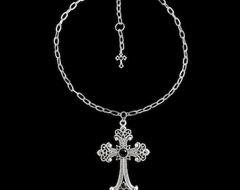 w𝔬𝔯𝔰𝔥𝔦𝔭 𝔪𝔢༻ Black Rhinestone Gothic Cross Necklace / Stainless Steel / Y2K Goth Grunge Alt Punk