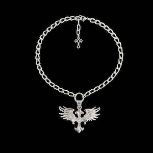 a𝔰𝔠𝔢𝔫𝔱༻ stainless steel chain necklace w angel wing cross rhinestone pendant / tarnish proof / goth grunge y2k punk gothic alt biker